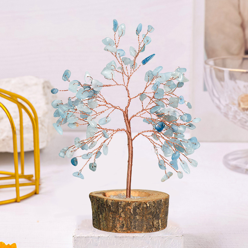 Raw Gemstone Copper Tree Crystal Wood Base Spiritual Meditation Energy Room Office Desk Decor Gifts