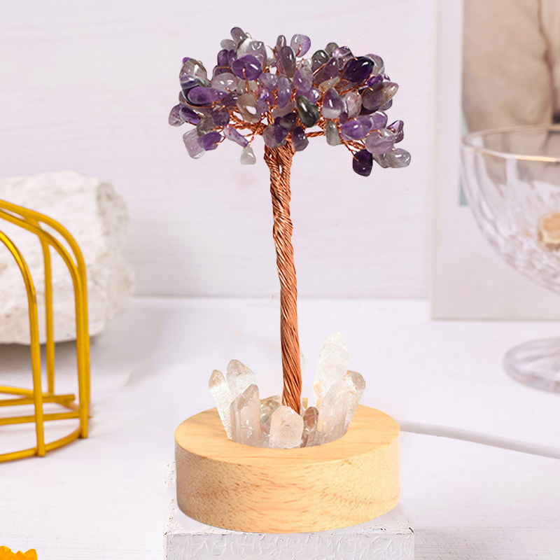 Raw Gemstone Copper Tree Druzy Crystal Base LED Light Spiritual Meditation Energy Room Office Desk Decor Gifts