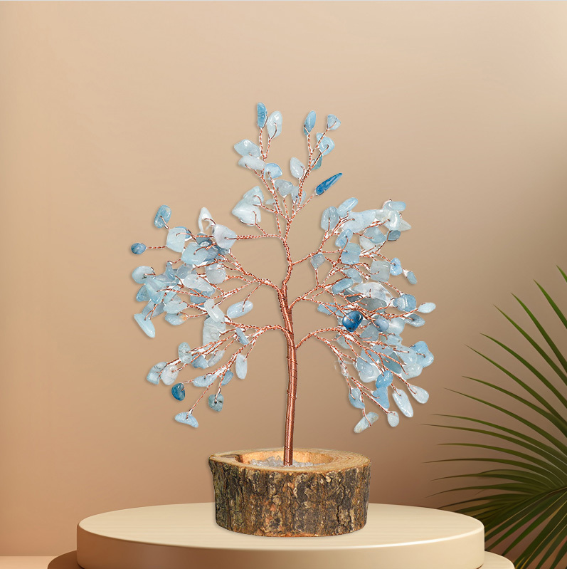 Raw Gemstone Copper Tree Crystal Wood Base Spiritual Meditation Energy Room Office Desk Decor Gifts