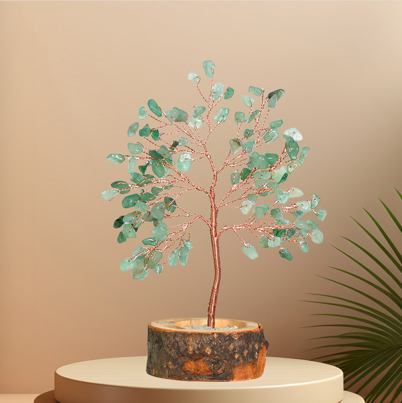 Raw Gemstone Copper Tree Crystal Wood Base Spiritual Meditation Energy Room Office Desk Decor Gifts