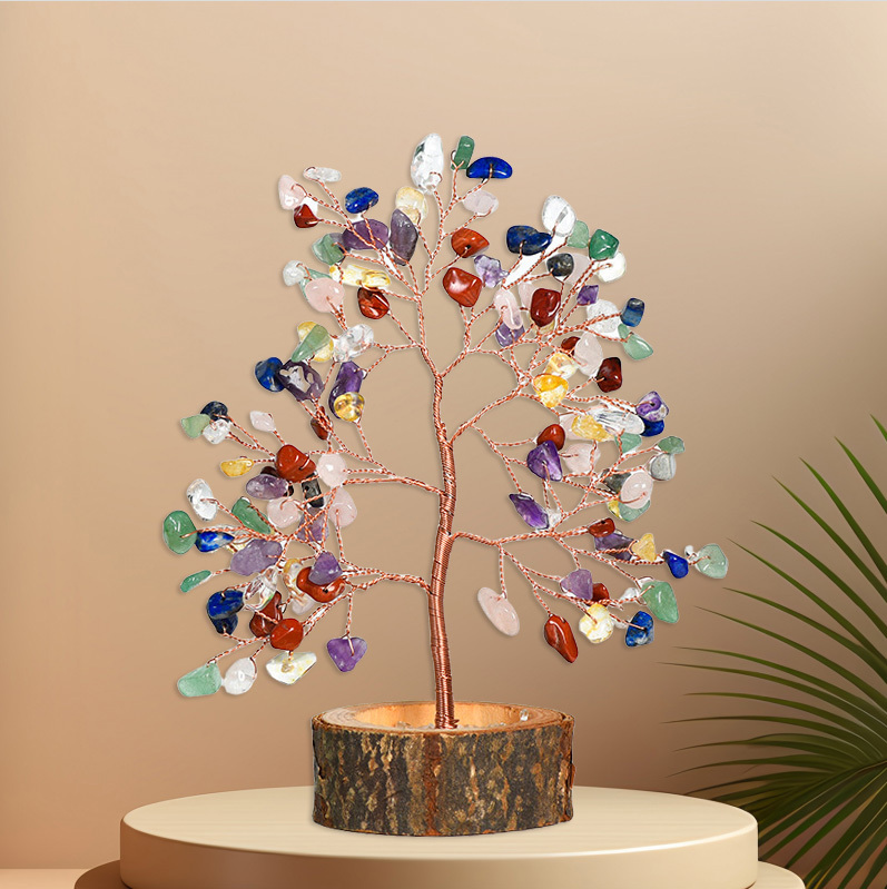 Raw Gemstone Copper Tree Crystal Wood Base Spiritual Meditation Energy Room Office Desk Decor Gifts