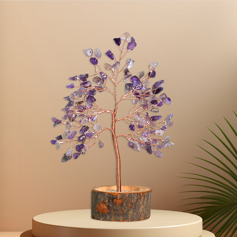 Raw Gemstone Copper Tree Crystal Wood Base Spiritual Meditation Energy Room Office Desk Decor Gifts