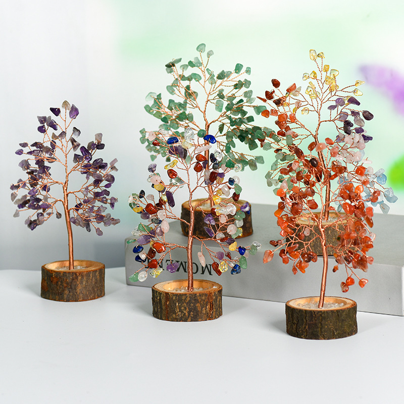 Raw Gemstone Copper Tree Crystal Wood Base Spiritual Meditation Energy Room Office Desk Decor Gifts