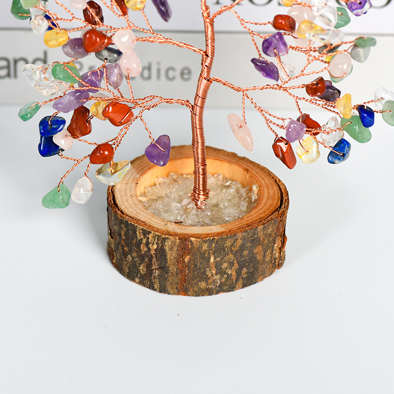 Raw Gemstone Copper Tree Crystal Wood Base Spiritual Meditation Energy Room Office Desk Decor Gifts