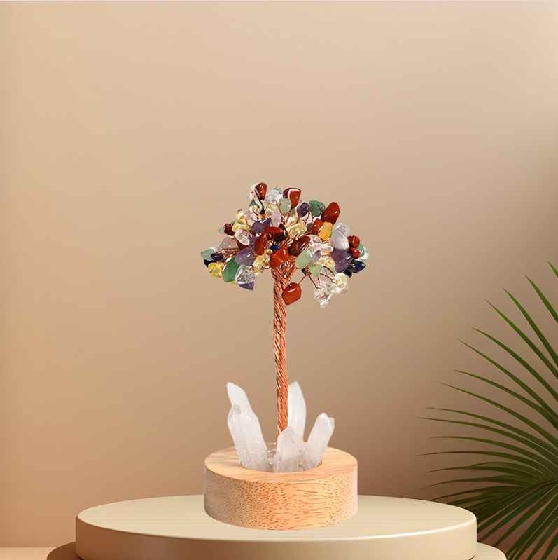 Raw Gemstone Copper Tree Druzy Crystal Base LED Light Spiritual Meditation Energy Room Office Desk Decor Gifts