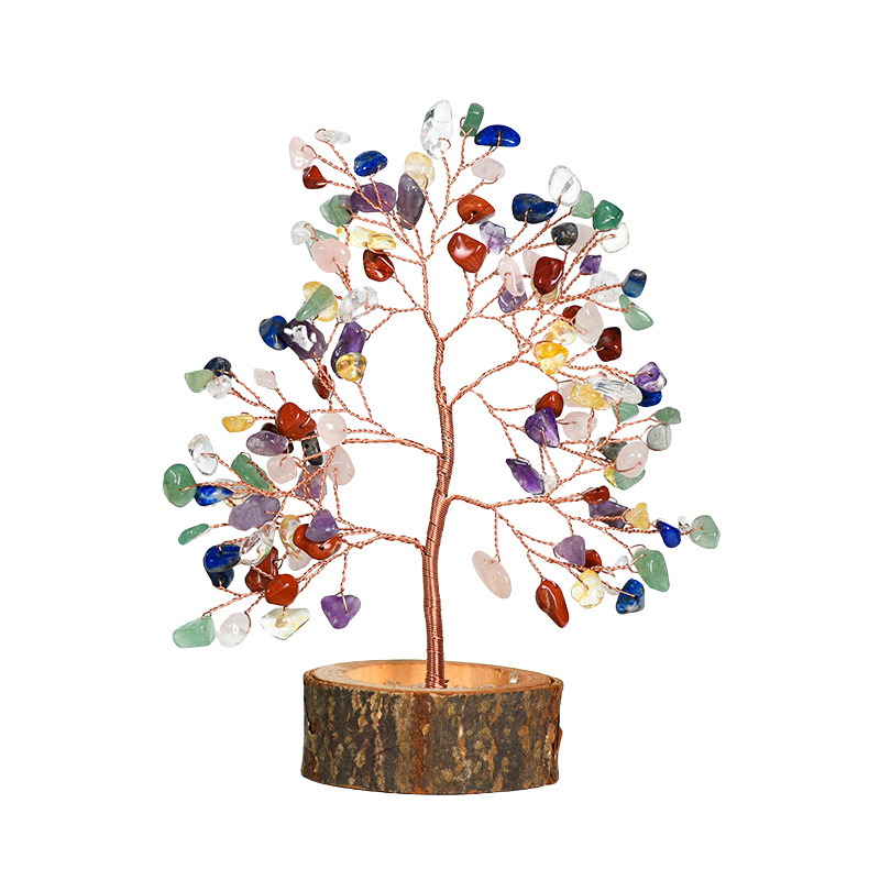 Raw Gemstone Copper Tree Crystal Wood Base Spiritual Meditation Energy Room Office Desk Decor Gifts