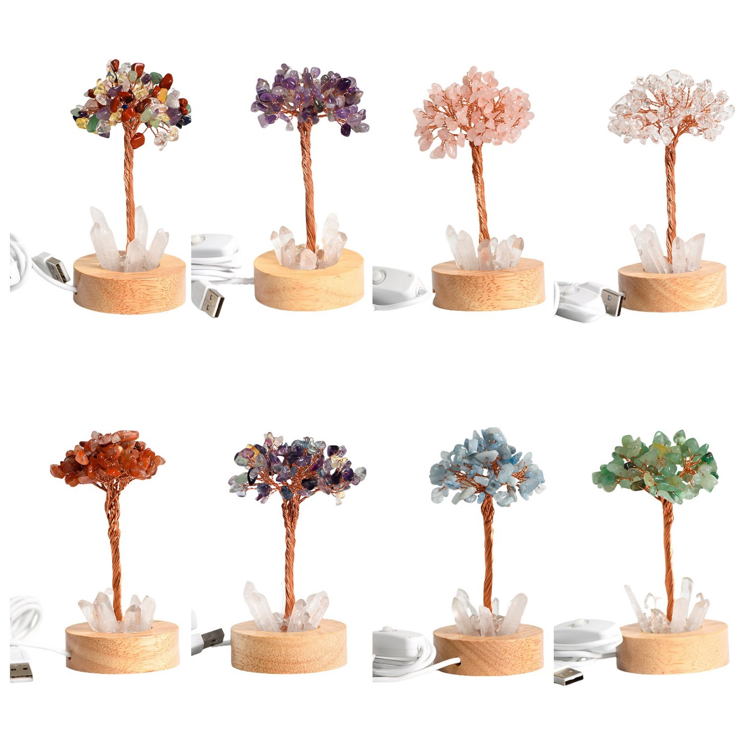 Raw Gemstone Copper Tree Druzy Crystal Base LED Light Spiritual Meditation Energy Room Office Desk Decor Gifts
