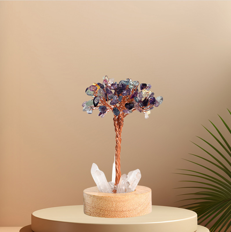 Raw Gemstone Copper Tree Druzy Crystal Base LED Light Spiritual Meditation Energy Room Office Desk Decor Gifts
