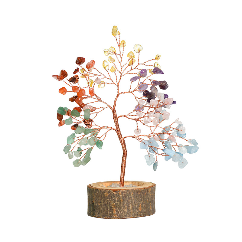 Raw Gemstone Copper Tree Crystal Wood Base Spiritual Meditation Energy Room Office Desk Decor Gifts