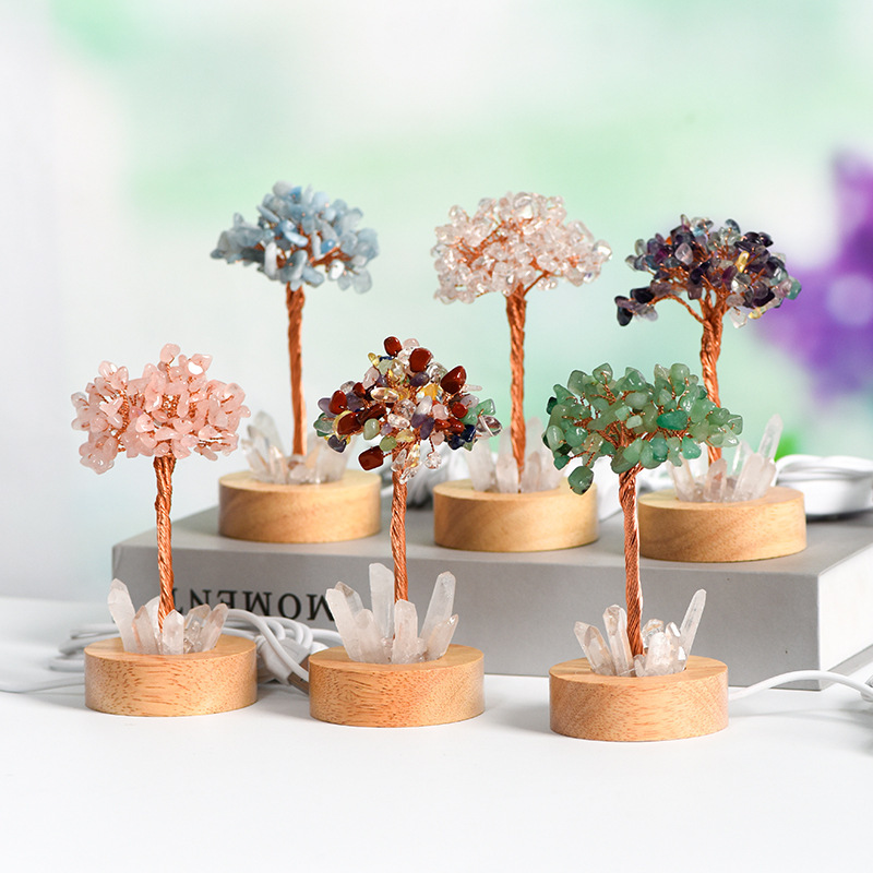Raw Gemstone Copper Tree Druzy Crystal Base LED Light Spiritual Meditation Energy Room Office Desk Decor Gifts