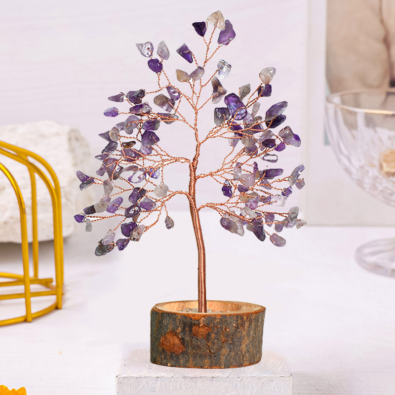 Raw Gemstone Copper Tree Crystal Wood Base Spiritual Meditation Energy Room Office Desk Decor Gifts