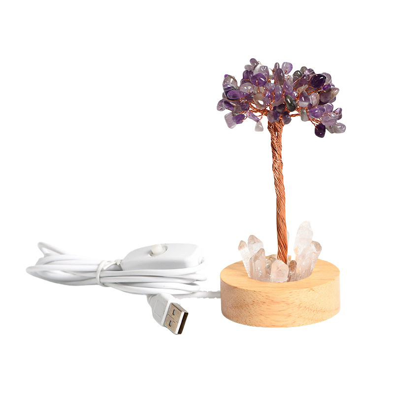 Raw Gemstone Copper Tree Druzy Crystal Base LED Light Spiritual Meditation Energy Room Office Desk Decor Gifts