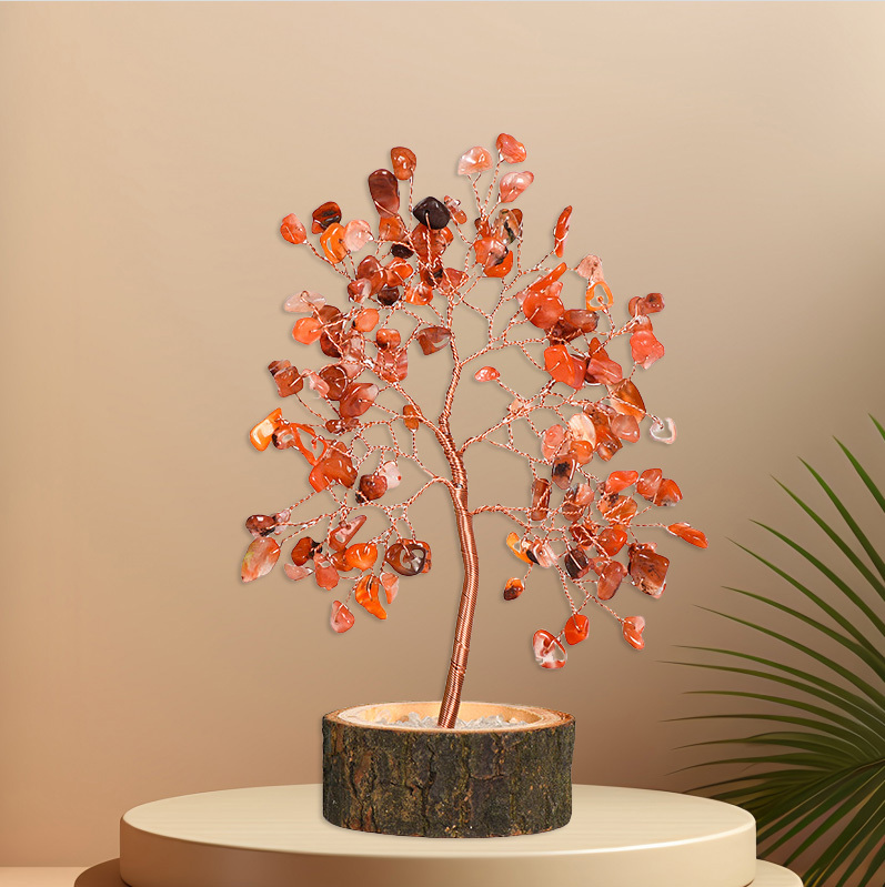 Raw Gemstone Copper Tree Crystal Wood Base Spiritual Meditation Energy Room Office Desk Decor Gifts