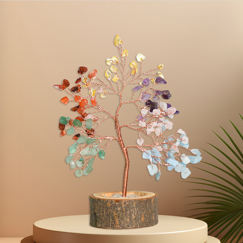 Raw Gemstone Copper Tree Crystal Wood Base Spiritual Meditation Energy Room Office Desk Decor Gifts
