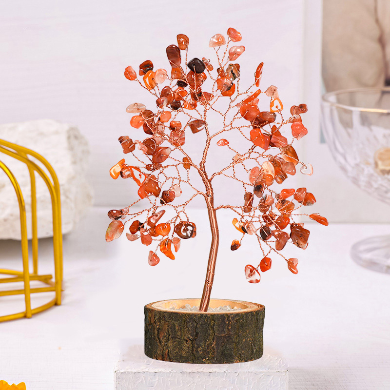 Raw Gemstone Copper Tree Crystal Wood Base Spiritual Meditation Energy Room Office Desk Decor Gifts