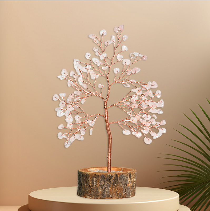 Raw Gemstone Copper Tree Crystal Wood Base Spiritual Meditation Energy Room Office Desk Decor Gifts