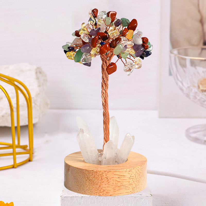 Raw Gemstone Copper Tree Druzy Crystal Base LED Light Spiritual Meditation Energy Room Office Desk Decor Gifts