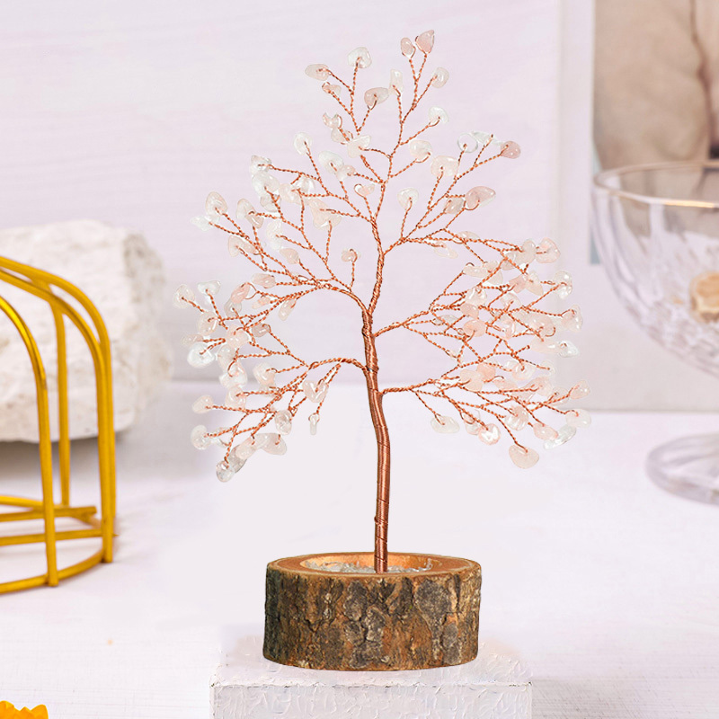 Raw Gemstone Copper Tree Crystal Wood Base Spiritual Meditation Energy Room Office Desk Decor Gifts