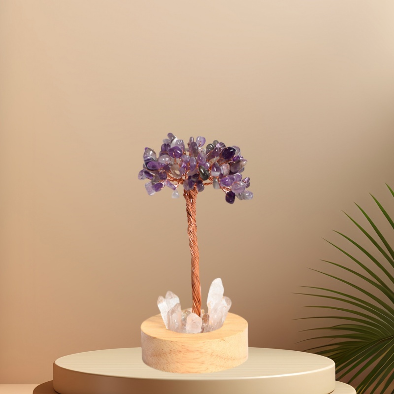 Raw Gemstone Copper Tree Druzy Crystal Base LED Light Spiritual Meditation Energy Room Office Desk Decor Gifts
