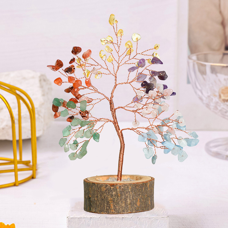 Raw Gemstone Copper Tree Crystal Wood Base Spiritual Meditation Energy Room Office Desk Decor Gifts