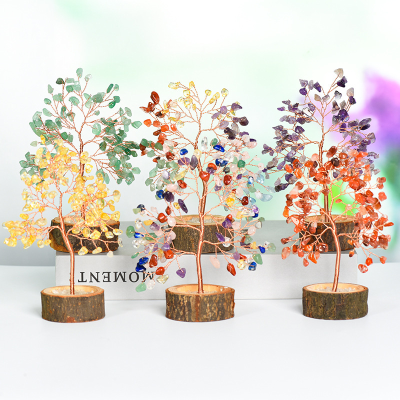Raw Gemstone Copper Tree Crystal Wood Base Spiritual Meditation Energy Room Office Desk Decor Gifts