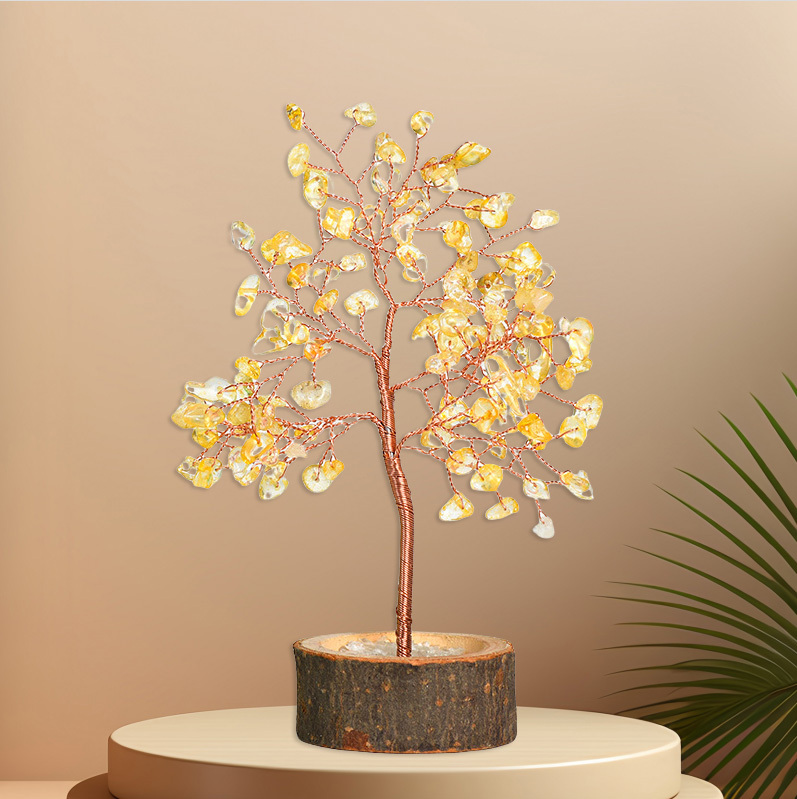 Raw Gemstone Copper Tree Crystal Wood Base Spiritual Meditation Energy Room Office Desk Decor Gifts