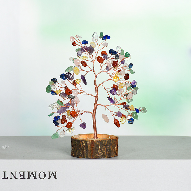 Raw Gemstone Copper Tree Crystal Wood Base Spiritual Meditation Energy Room Office Desk Decor Gifts
