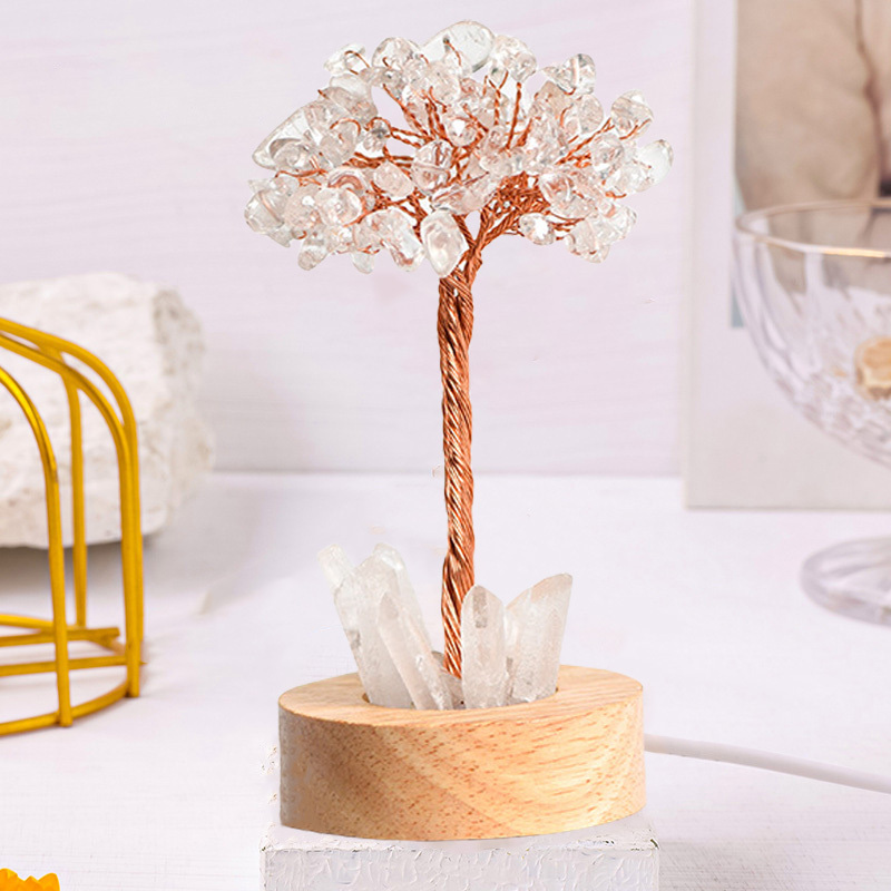 Raw Gemstone Copper Tree Druzy Crystal Base LED Light Spiritual Meditation Energy Room Office Desk Decor Gifts