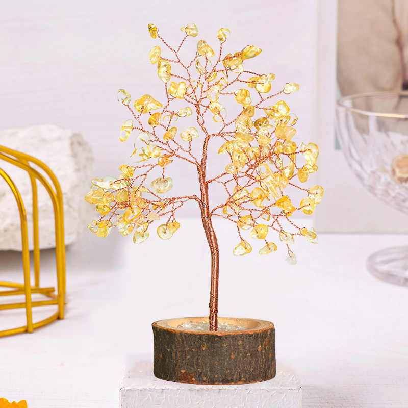 Raw Gemstone Copper Tree Crystal Wood Base Spiritual Meditation Energy Room Office Desk Decor Gifts