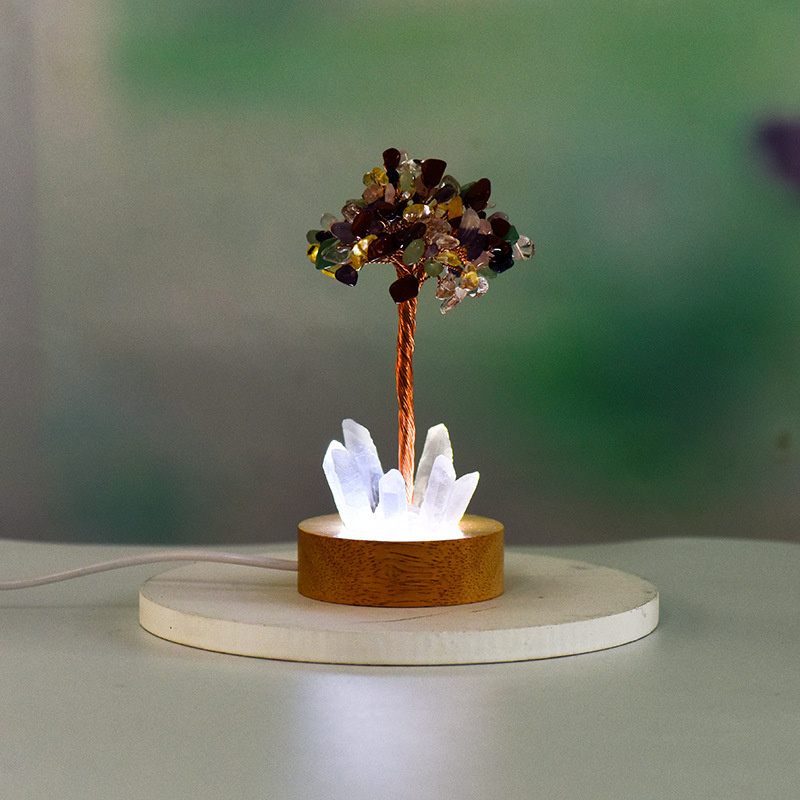 Raw Gemstone Copper Tree Druzy Crystal Base LED Light Spiritual Meditation Energy Room Office Desk Decor Gifts