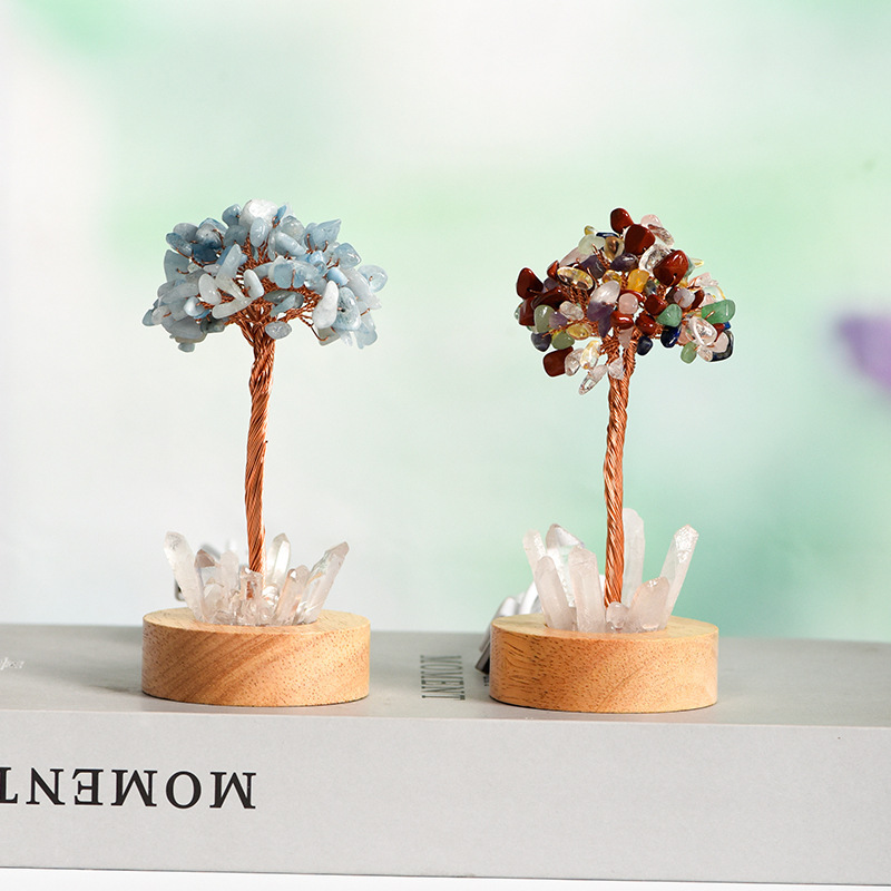 Raw Gemstone Copper Tree Druzy Crystal Base LED Light Spiritual Meditation Energy Room Office Desk Decor Gifts