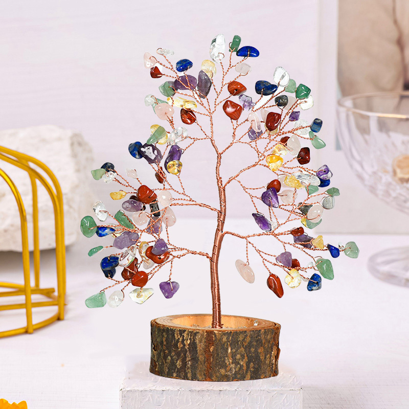 Raw Gemstone Copper Tree Crystal Wood Base Spiritual Meditation Energy Room Office Desk Decor Gifts