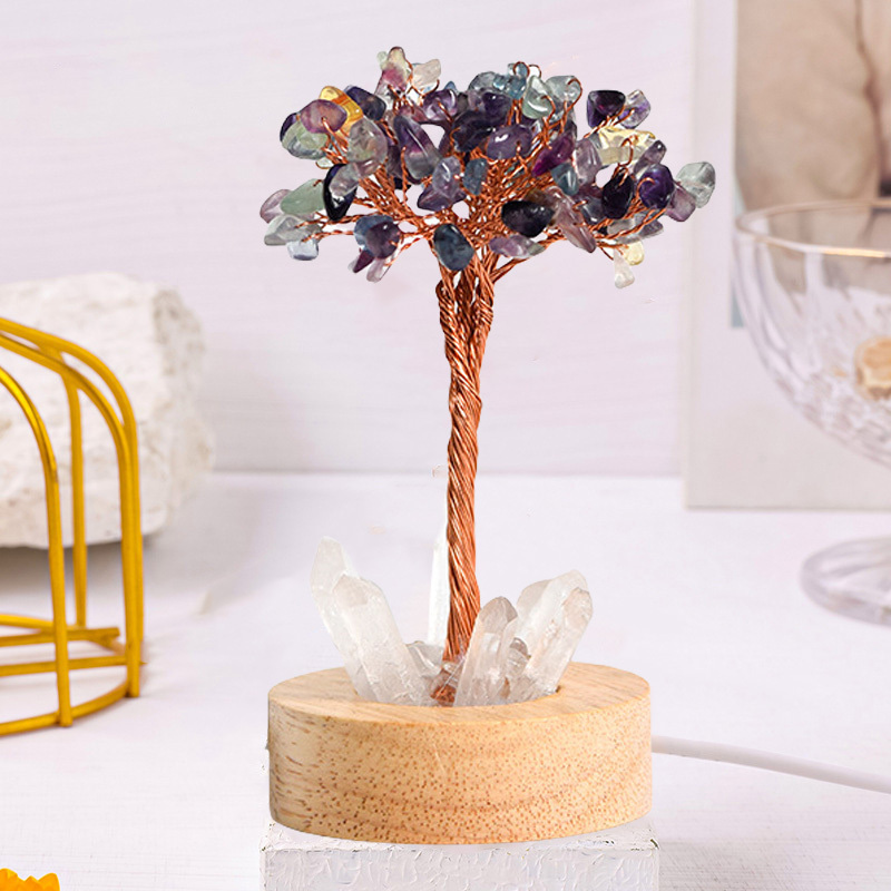 Raw Gemstone Copper Tree Druzy Crystal Base LED Light Spiritual Meditation Energy Room Office Desk Decor Gifts