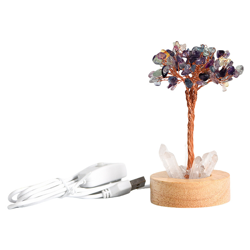 Raw Gemstone Copper Tree Druzy Crystal Base LED Light Spiritual Meditation Energy Room Office Desk Decor Gifts
