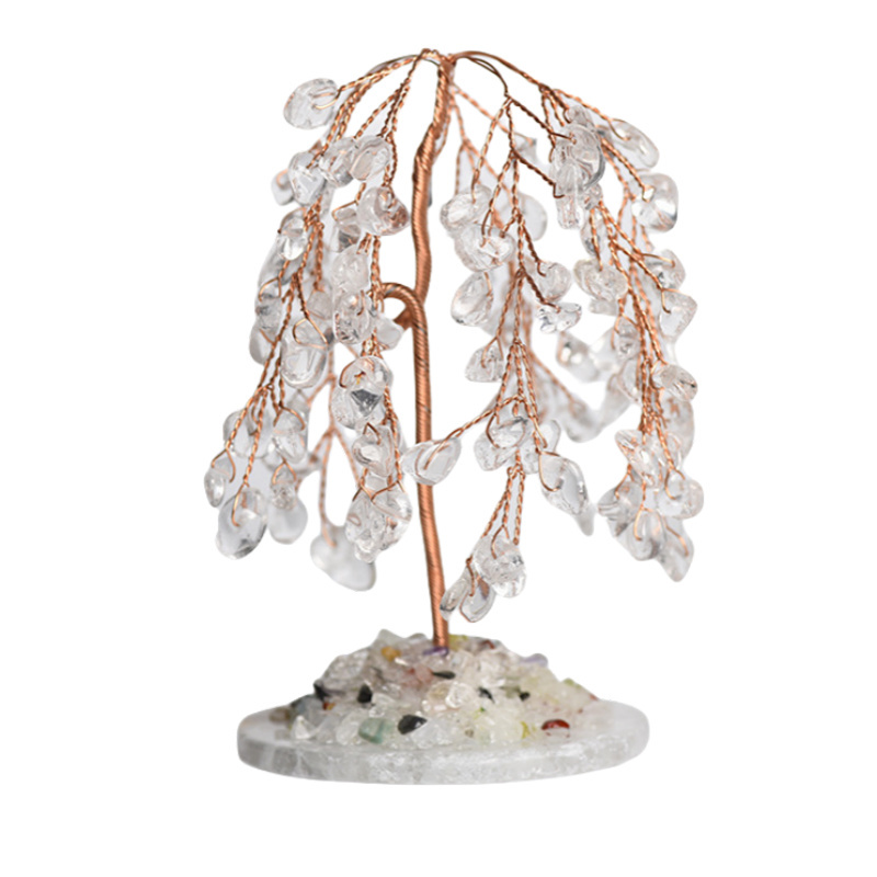 Raw Gemstone Willow Copper Tree Crystal Wood Base Spiritual Meditation Energy Room Office Desk Decor Gifts