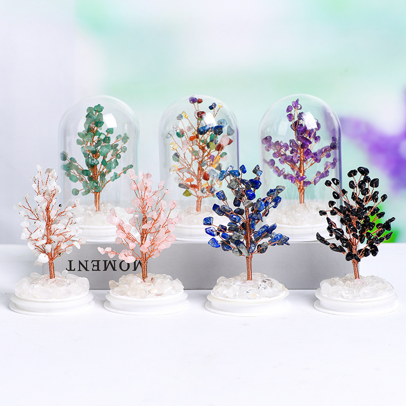 Raw Gemstone Copper Tree Crystal Wood Base Spiritual Meditation Energy Room Office Desk Decor Gifts