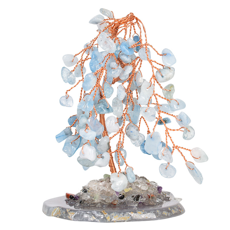 Raw Gemstone Willow Copper Tree Crystal Wood Base Spiritual Meditation Energy Room Office Desk Decor Gifts