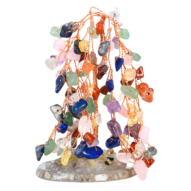 Raw Gemstone Willow Copper Tree Crystal Wood Base Spiritual Meditation Energy Room Office Desk Decor Gifts