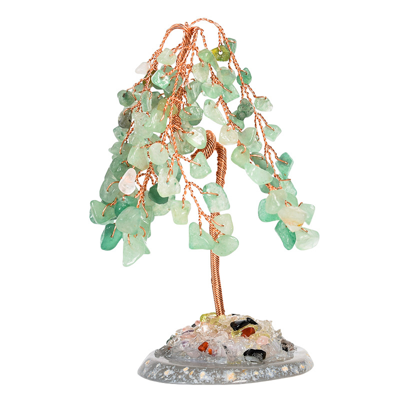 Raw Gemstone Willow Copper Tree Crystal Wood Base Spiritual Meditation Energy Room Office Desk Decor Gifts