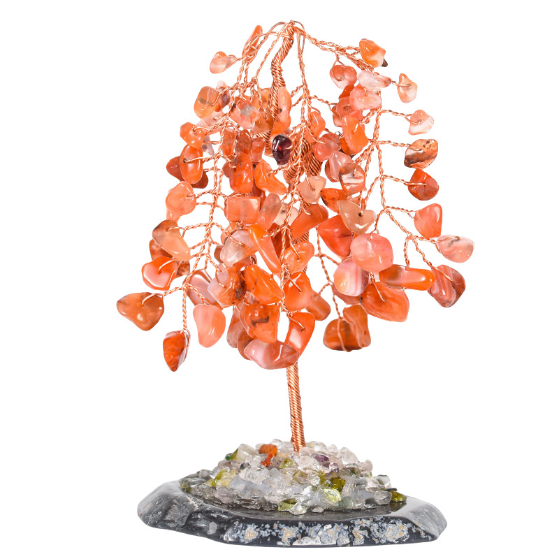 Raw Gemstone Willow Copper Tree Crystal Wood Base Spiritual Meditation Energy Room Office Desk Decor Gifts