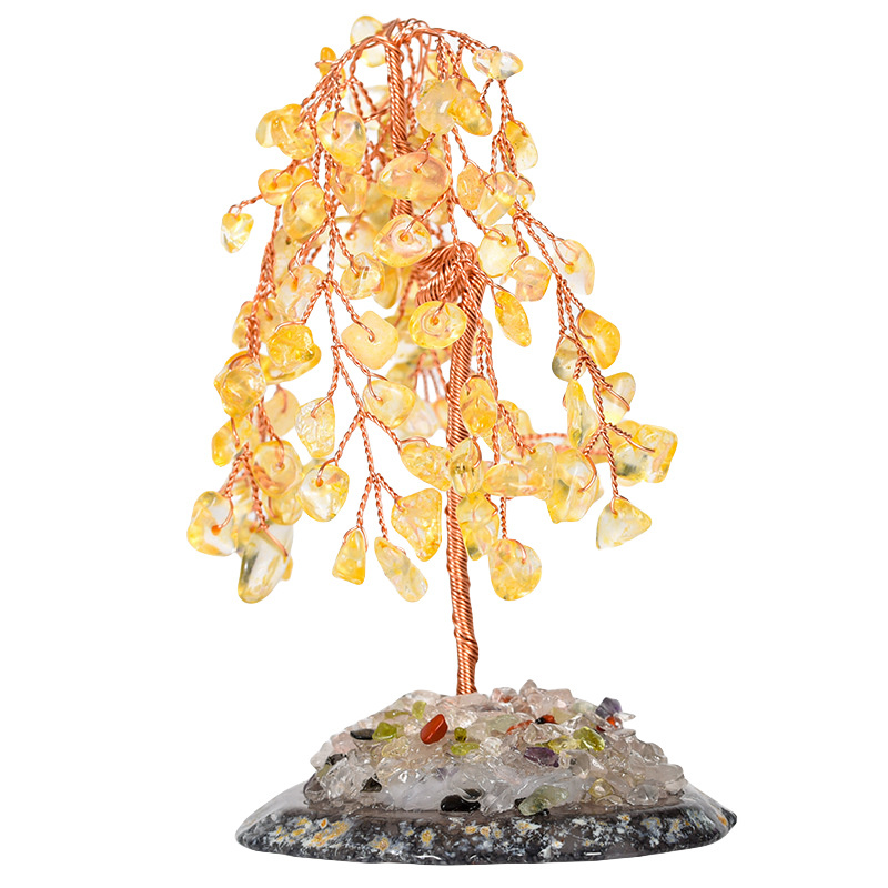 Raw Gemstone Willow Copper Tree Crystal Wood Base Spiritual Meditation Energy Room Office Desk Decor Gifts