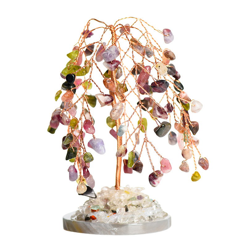 Raw Gemstone Willow Copper Tree Crystal Wood Base Spiritual Meditation Energy Room Office Desk Decor Gifts