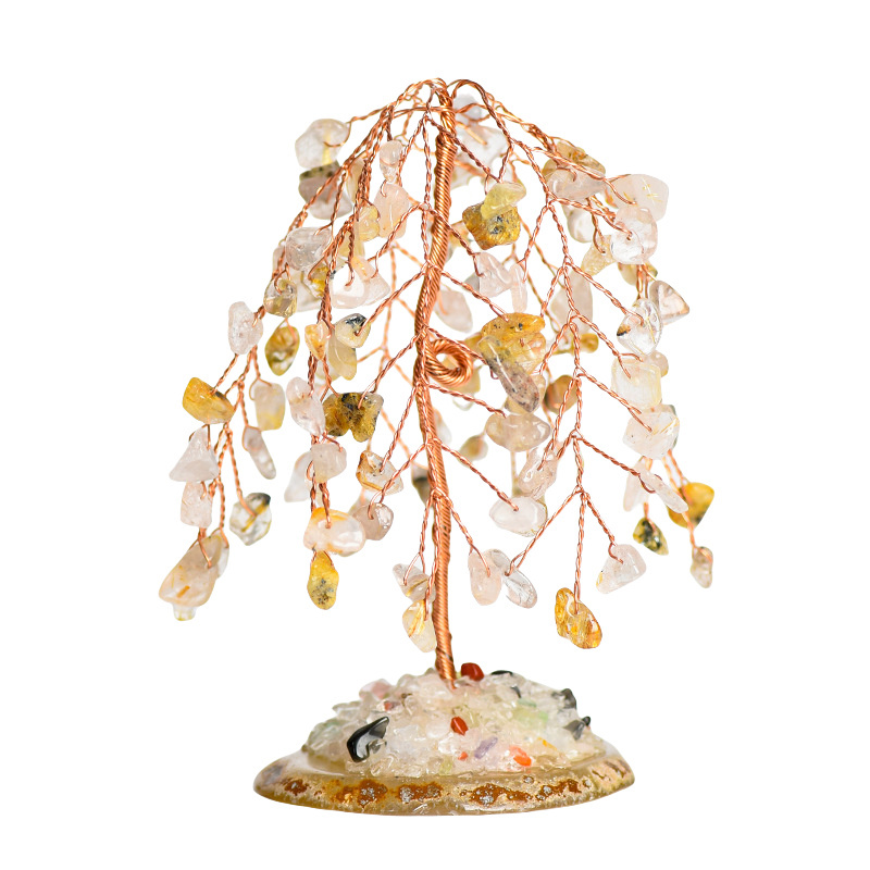 Raw Gemstone Willow Copper Tree Crystal Wood Base Spiritual Meditation Energy Room Office Desk Decor Gifts