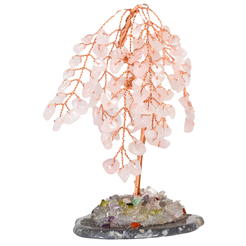 Raw Gemstone Willow Copper Tree Crystal Wood Base Spiritual Meditation Energy Room Office Desk Decor Gifts