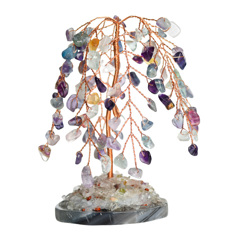 Raw Gemstone Willow Copper Tree Crystal Wood Base Spiritual Meditation Energy Room Office Desk Decor Gifts