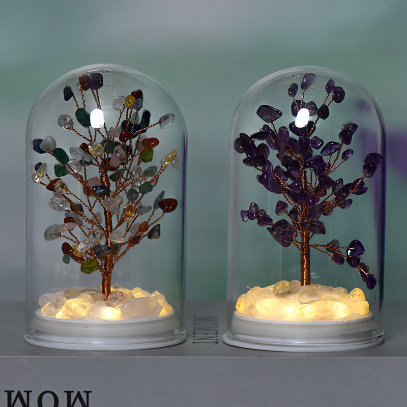 Raw Gemstone Copper Tree Crystal Wood Base Spiritual Meditation Energy Room Office Desk Decor Gifts