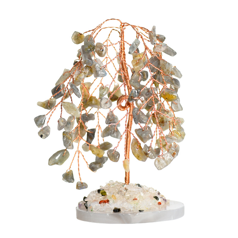 Raw Gemstone Willow Copper Tree Crystal Wood Base Spiritual Meditation Energy Room Office Desk Decor Gifts