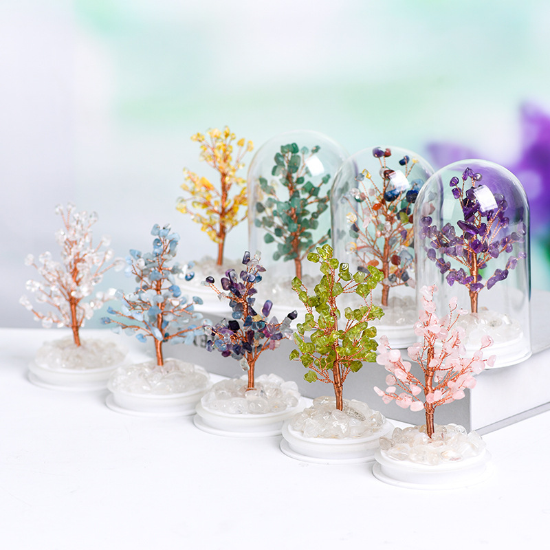 Raw Gemstone Copper Tree Crystal Wood Base Spiritual Meditation Energy Room Office Desk Decor Gifts