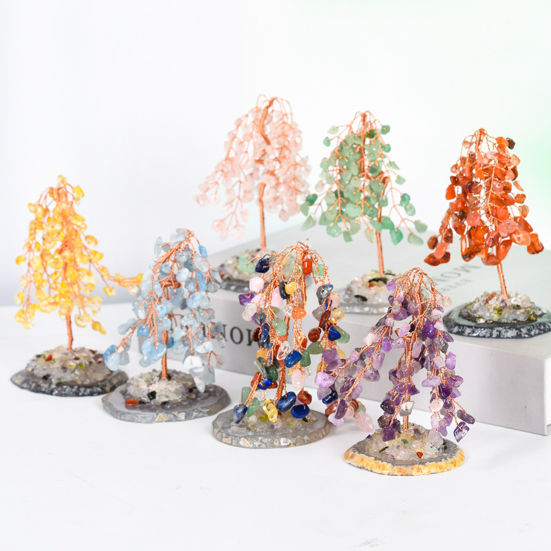 Raw Gemstone Willow Copper Tree Crystal Wood Base Spiritual Meditation Energy Room Office Desk Decor Gifts