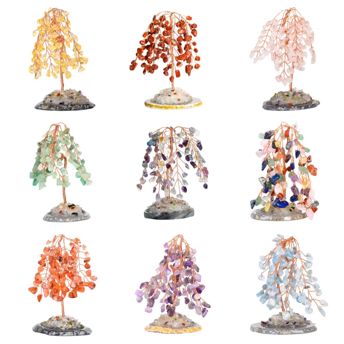 Raw Gemstone Willow Copper Tree Crystal Wood Base Spiritual Meditation Energy Room Office Desk Decor Gifts